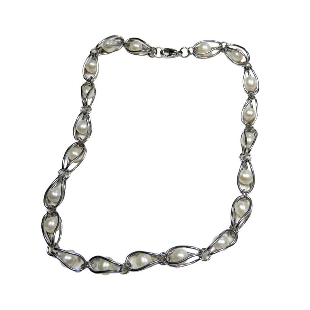 Inox Women's Polished Stainless Steel Necklace with Simulated Pearls